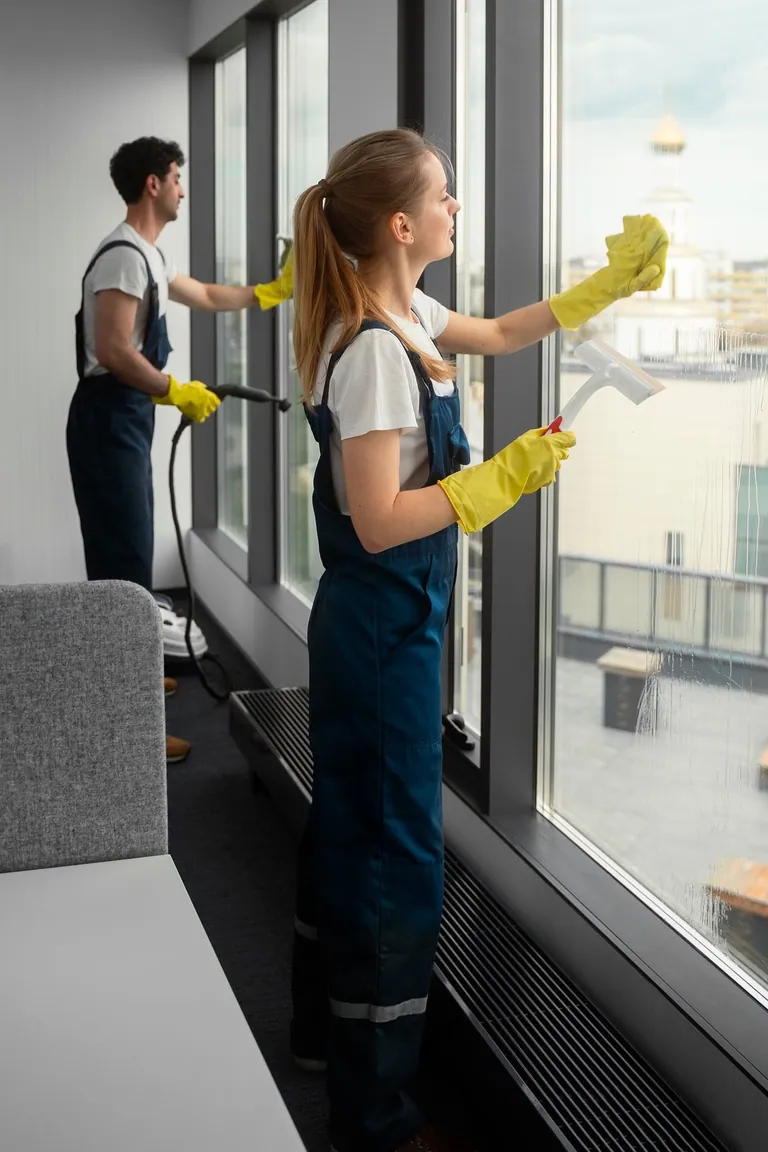 Zwei Reinigungskräfte mit gelben Handschuhen säubern bodentiefe Fenster; im Vordergrund sind Tuch und Fensterabzieher zu sehen.